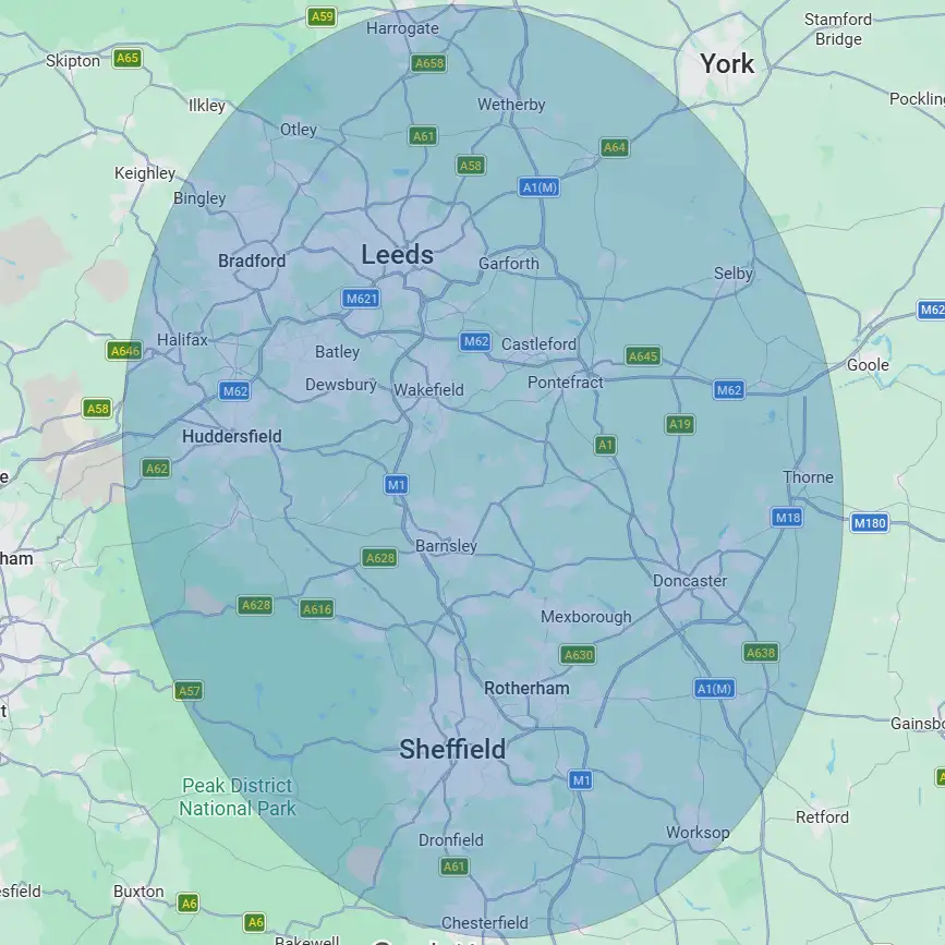 Map showing the areas covered by Yorkshire Carpet Clean
